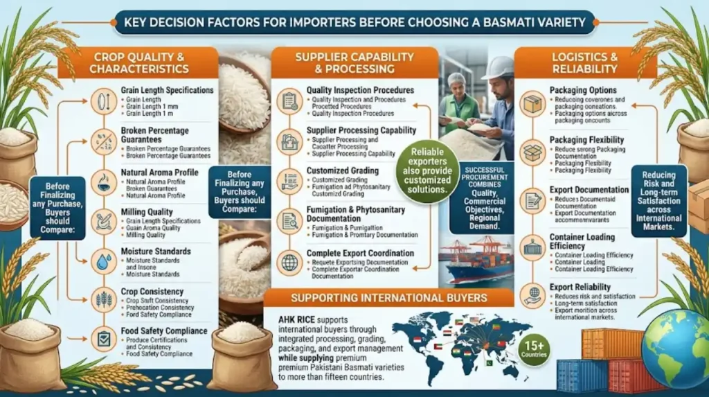 Which decision factors should importers evaluate before choosing a Basmati variety?