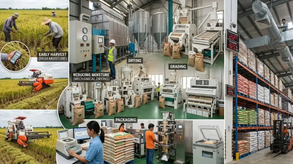 Which factors influence moisture levels during rice processing?