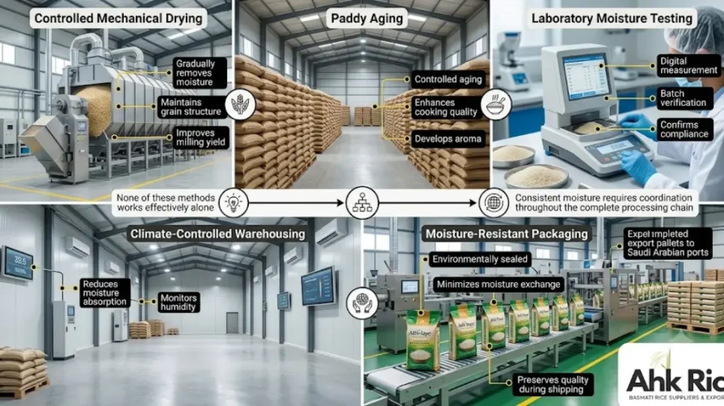 Which moisture management solutions are available during rice processing?