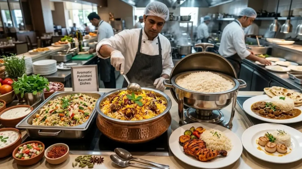 Which restaurant dishes use Pakistani Basmati rice?