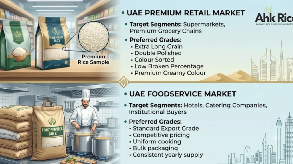 Which rice grades are preferred in different UAE market segments?