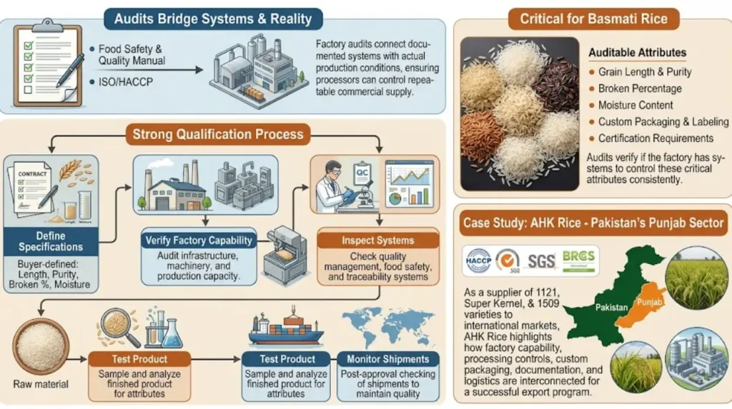 Why should factory audits be part of a rice buyer's supplier-qualification process?
