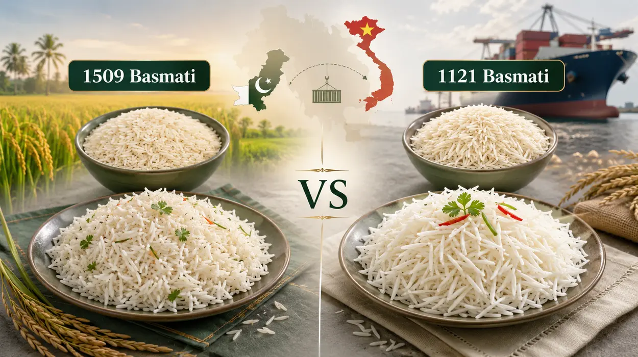 1509 and 1121 Basmati rice comparison showing cooked grains, Pakistan to Vietnam export route, rice fields, and shipping port for Vietnamese rice distributors.