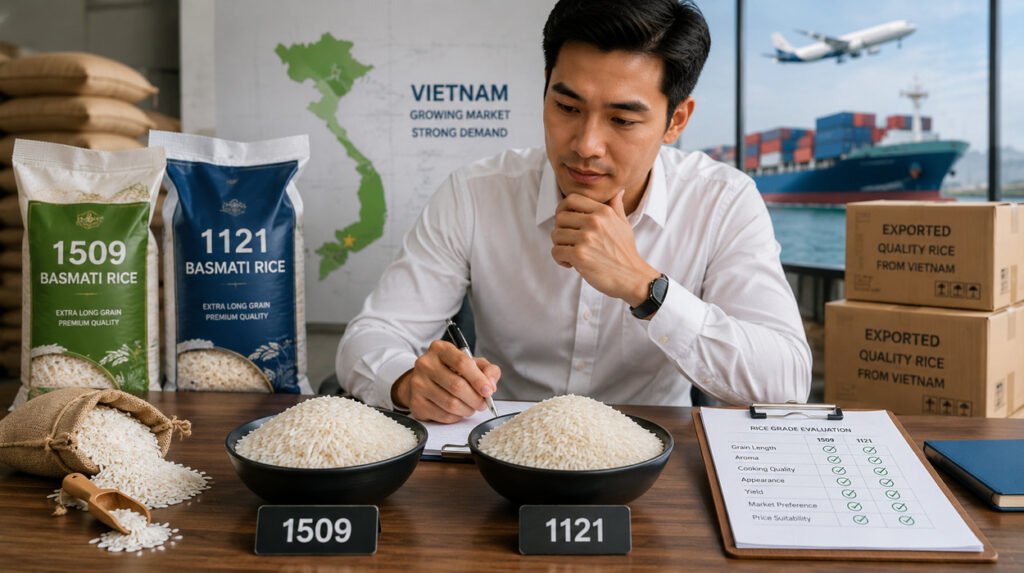 Vietnamese rice distributor comparing 1509 and 1121 Basmati rice samples with packaging, export boxes, and rice grade evaluation sheet.